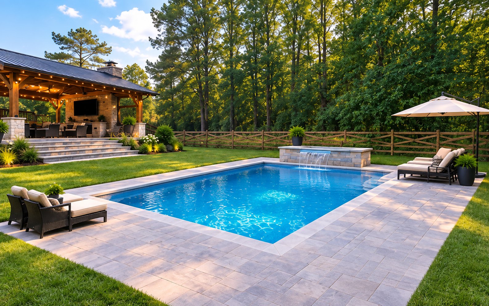 Backyard pool with paver deck and stone water feature