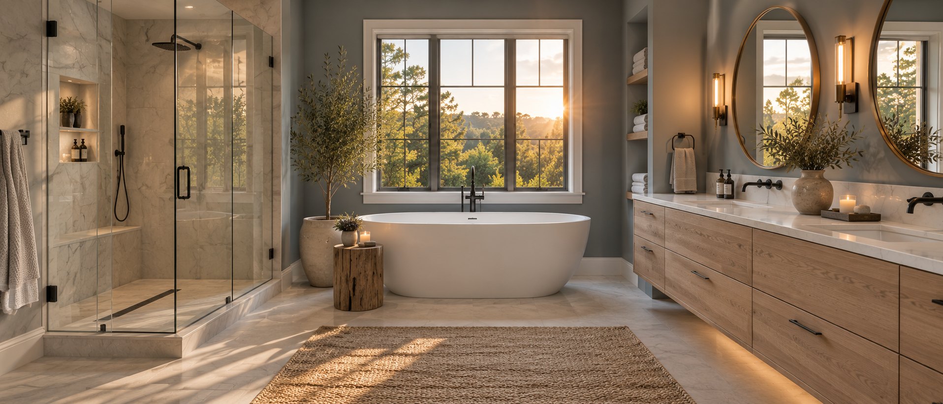 Renovated primary bathroom with freestanding tub, glass shower and white oak double vanity