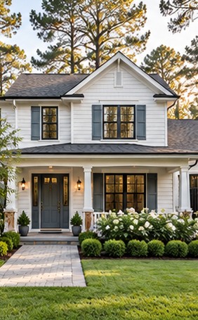 White craftsman house with slate blue-gray door and shutters