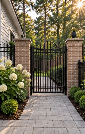 Refinished black metal gate between brick pillars