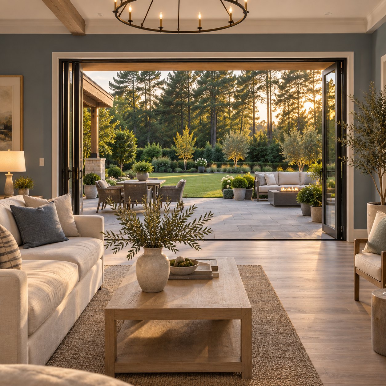 Renovated living room with folding glass doors open to a landscaped paver patio and garden at sunset