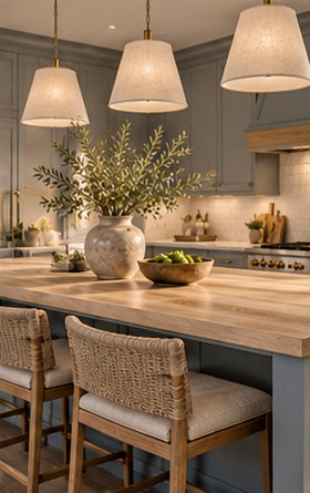 Oak island top with woven counter stools and olive branches