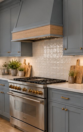 Range wall with oak-trimmed hood and zellige tile