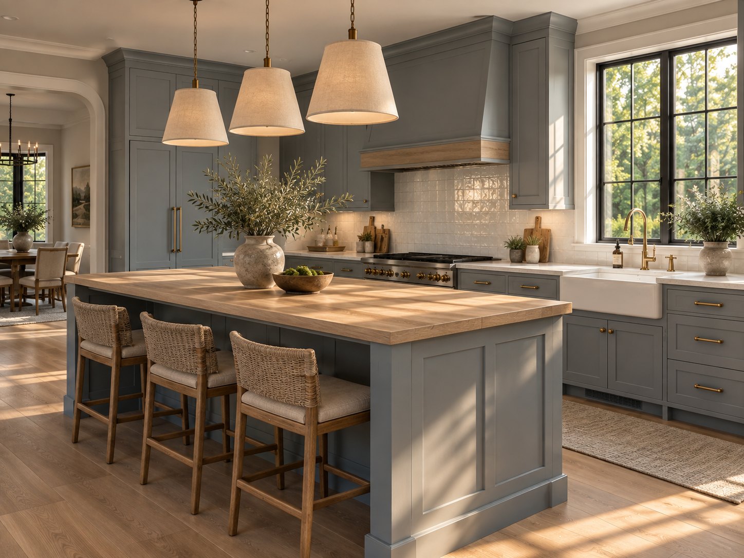 Remodeled kitchen with slate blue-gray cabinets, white oak island, linen pendant lights and farmhouse sink