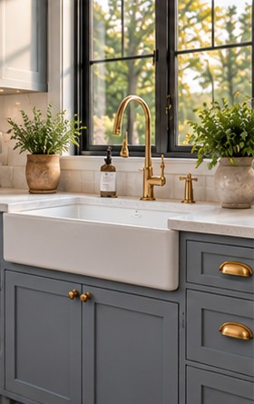 Farmhouse sink with brass faucet under a black-framed window