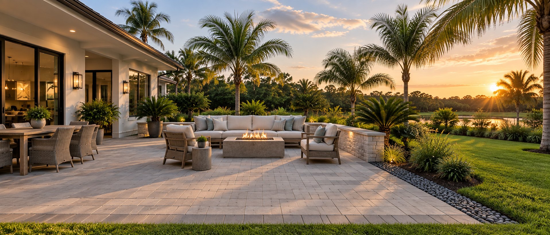 Paver patio with fire table, stone seat wall and tropical landscaping at sunset