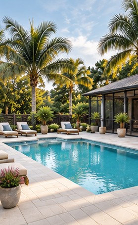 Resurfaced pool surrounded by palms and a light stone deck
