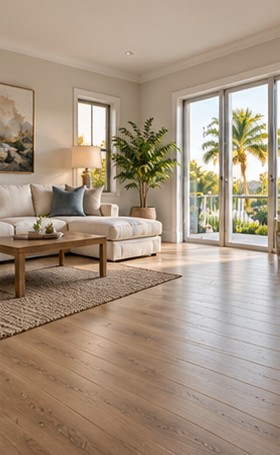 Living room with new light oak vinyl plank flooring